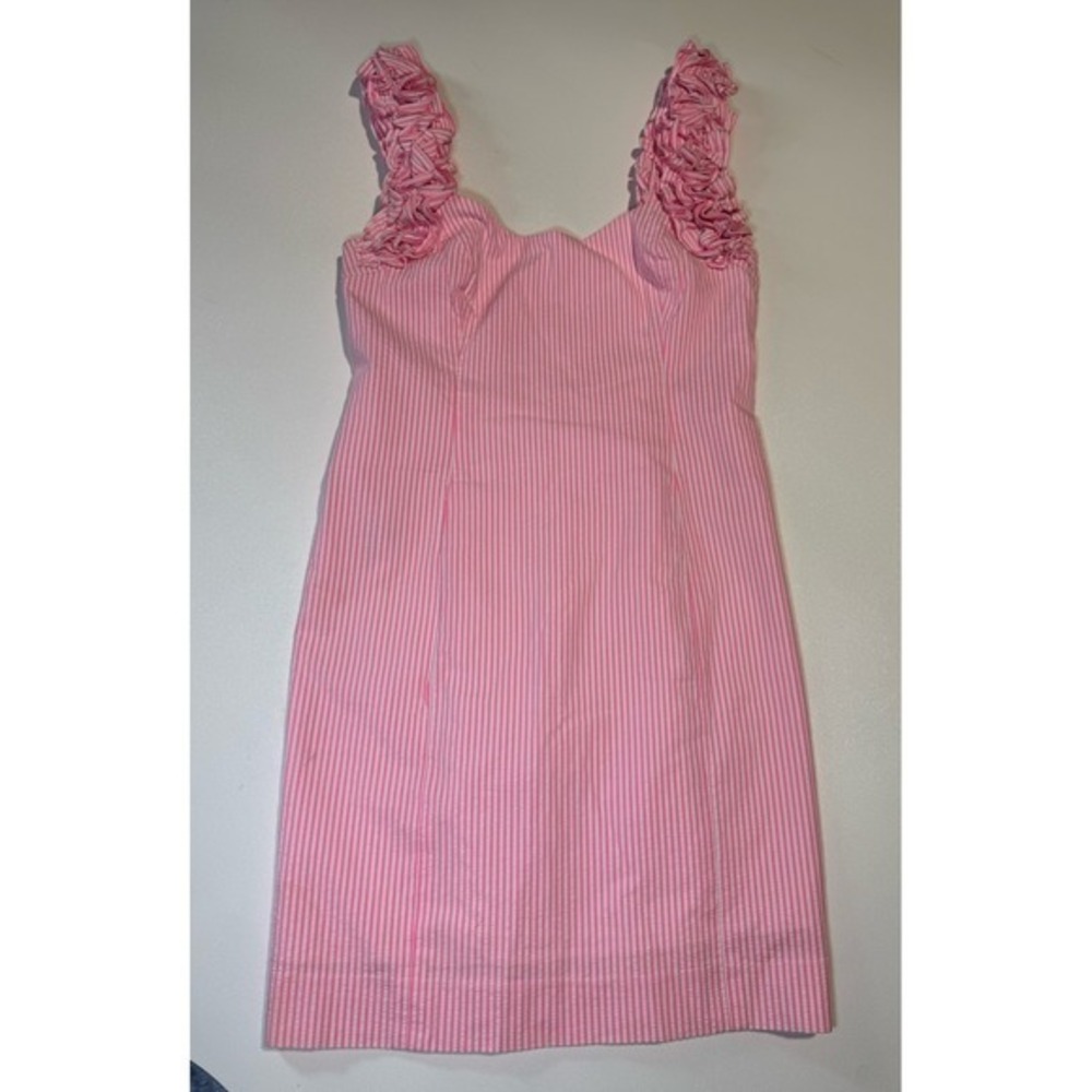 Lilly Pulitzer Mini Dress Size 6, Pink Seersucker Ruffle Straps - Picture 3 of 9